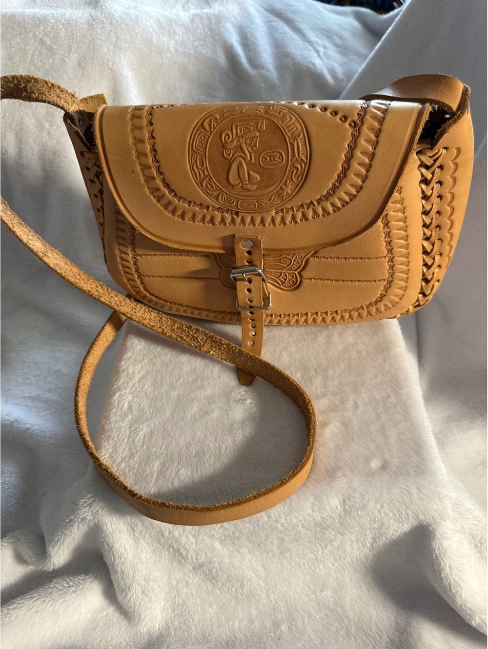 Handmade Tan Leather Crossbody Bag with Embossed Detailing